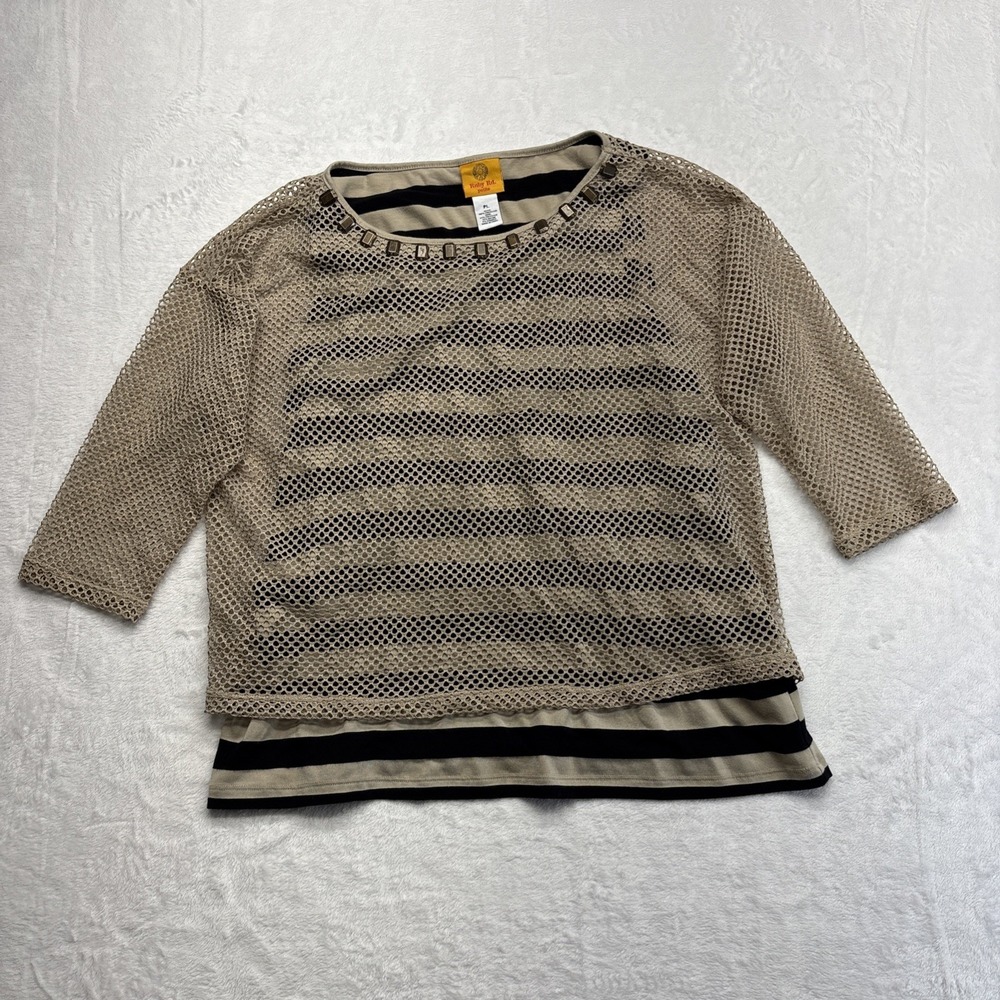 Ruby Rd Top Womens Size PL Beige Tunic 3/4 Sleeve Stretch Knit Embellished